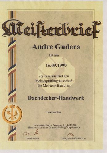 Meisterbrief Andrè Gudera
