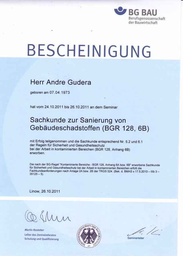 Bescheinigung Sachkunde zur Sanierung von Gebäudeschadstoffen