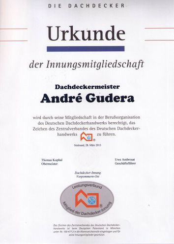 Urkunde Innungsmitgliedschaft Dachdeckermeister André Gudera