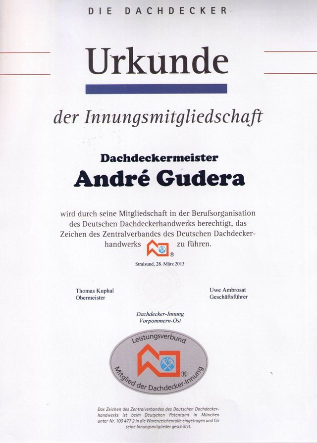 Urkunde Innungsmitgliedschaft Dachdeckermeister André Gudera